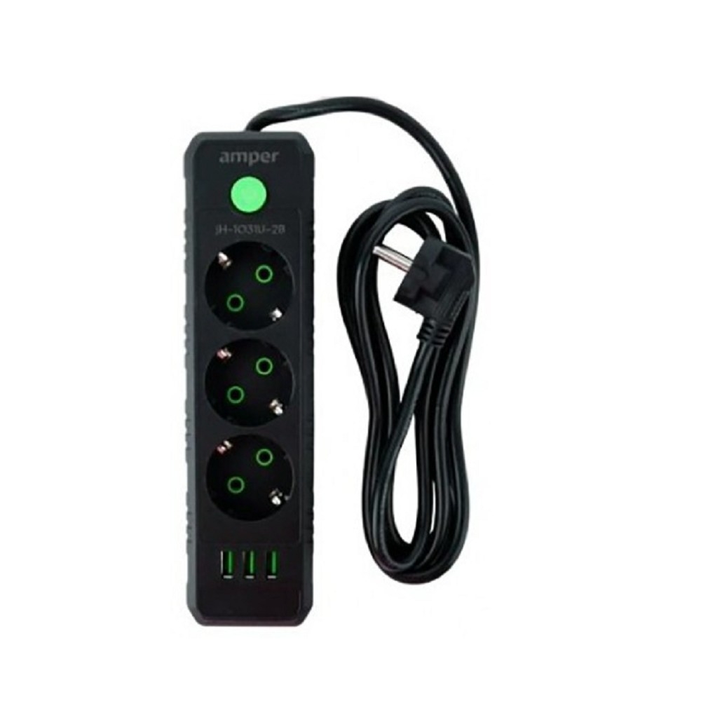 Amper сетевой удлинитель, 2,0м, 3 розетки, 10А, 2500 Вт, 3usb, черный. [JH-1031U-2B]