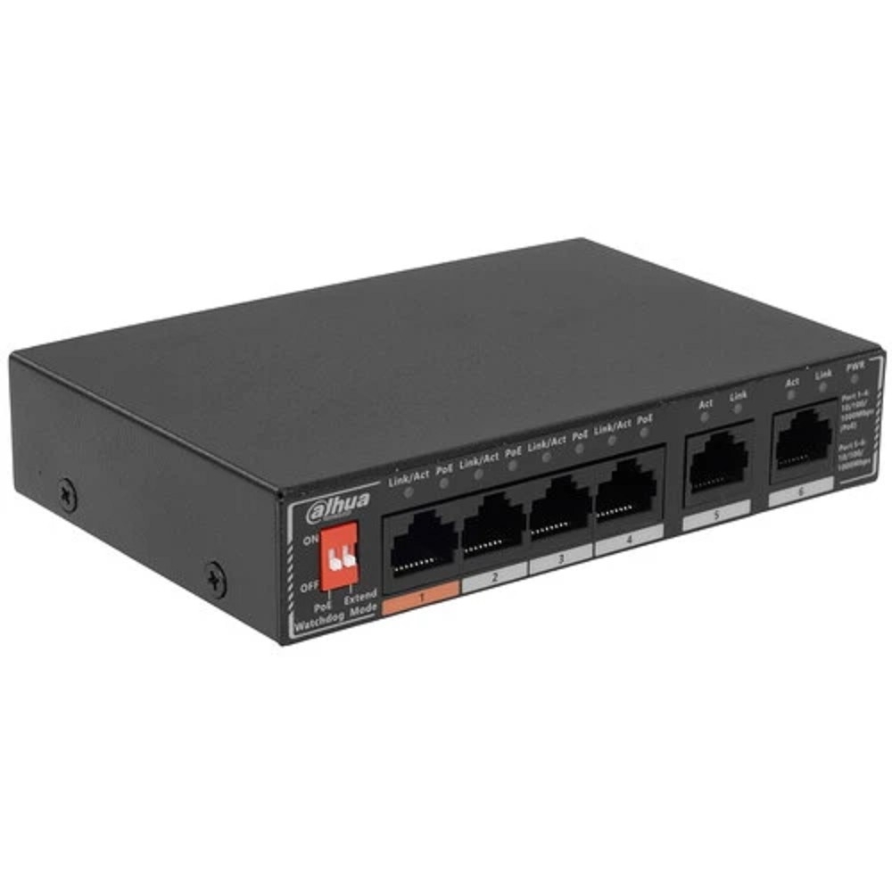 DAHUA DH-SG1006P 6-портовый гигабитный неуправляемый коммутатор c PoE, 4xRJ45 1Gb PoE, 2xRJ45 1Gb uplink, суммарно 60Вт, коммутация 14 Гбит/с, MAC-таблица 2K, металл