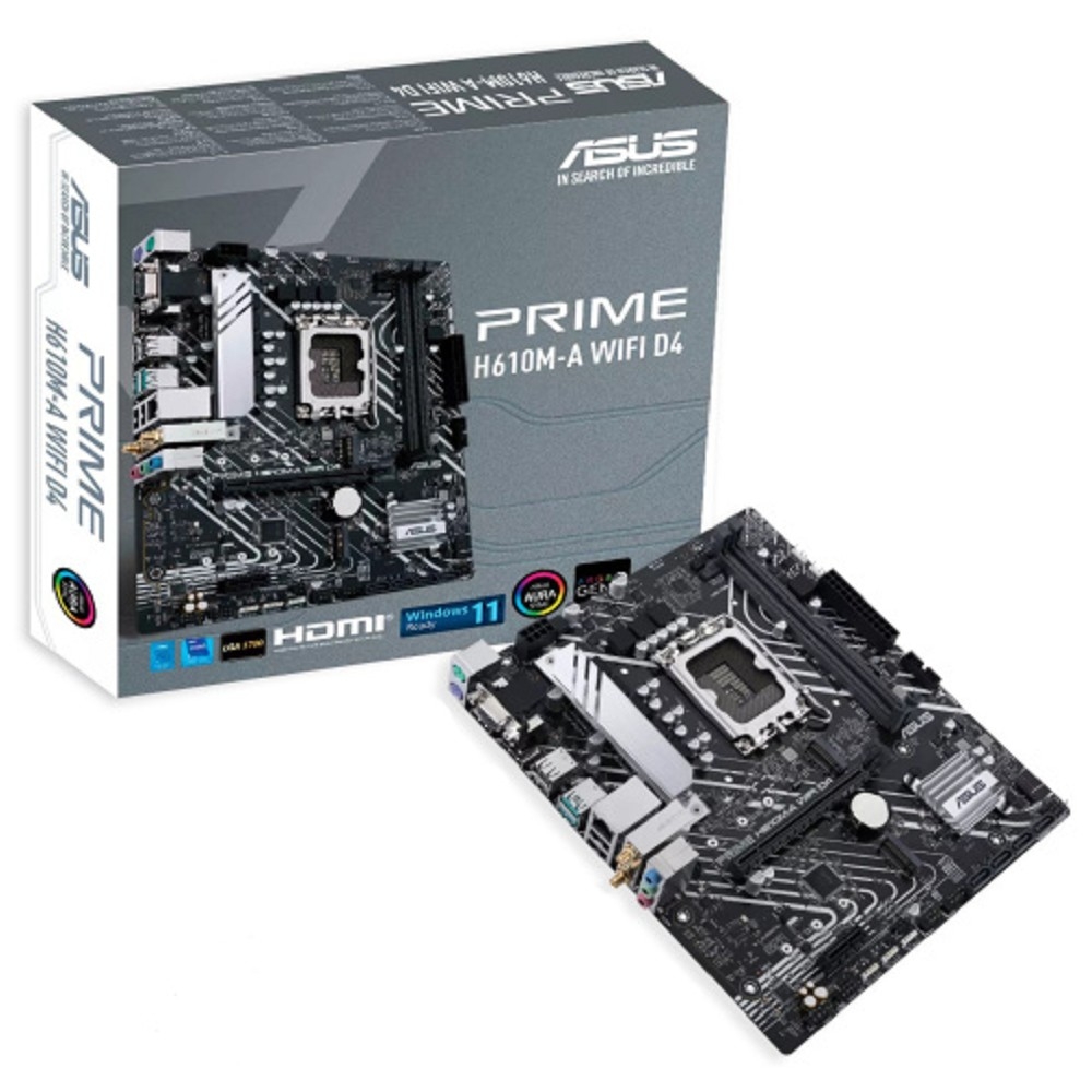 Материнская плата Asus - PRIME H610M-A WIFI D4, mATX, Intel H610, 1xLGA 1700, 2xDDR4 до 64ГБ, 1x1GbE, audio, M.2, Wi-Fi, Bluetooth, VGA, HDMI, DP, 2xPS/2, 4xSATA, 4xUSB2.0, 2xUSB3.2, PRIME H610M-A WIFI D4