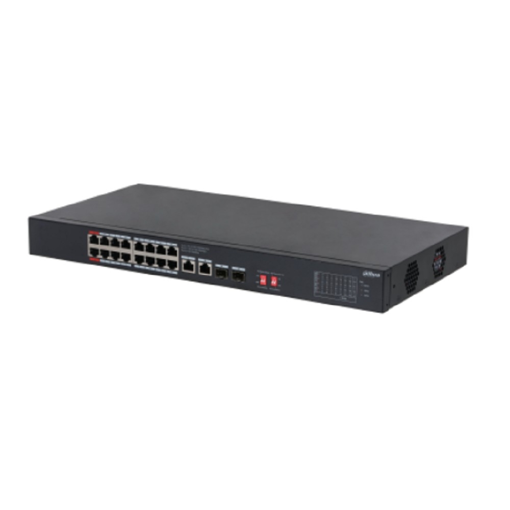 DAHUA DH-S3220-16GT-240 16-портовый управляемый гигабитный коммутатор с PoE, уровень L2, 16xRJ45 1Gb, 2xRJ45 1Gb uplink, 2xSFP 1Gb uplink, суммарно 240Вт, коммутация 40 Гбит/с, MAC-таблица 8К