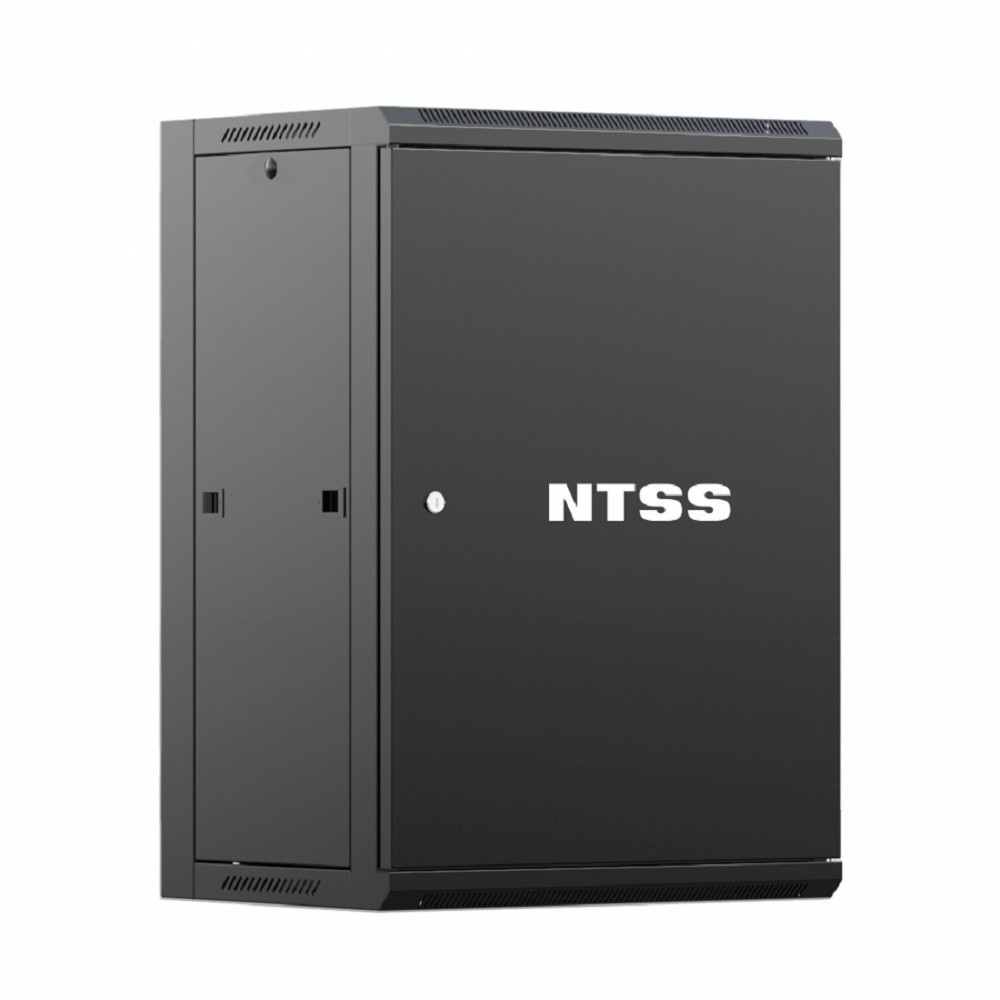 NTSS Шкаф настенный телекоммуникационный NTSS W 18U 600х450х964мм, 2 профиля 19, дверь сплошная металл, боковые стенки съемные, разобранный, черный RAL 9005 NTSS-W18U6045FD-BL