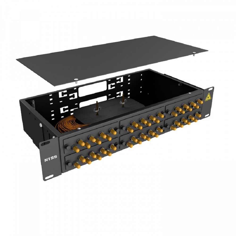 NTSS Кросс 19" NTSS PREMIUM, предсобранный 2U, 48 портов ST/UPC, 62,5/125 мкм, (розетки, сплайс 2шт, КДЗС, пигтейлы), черный, RAL9005 NTSS-RFOB-PM-2U-48-ST/U-62.5-SP1.5G2A-BL