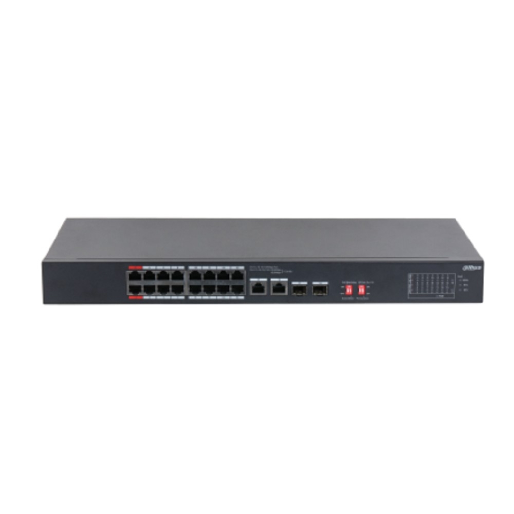 DAHUA DH-S3218-16ET-240 16-портовый неуправляемый коммутатор с РоЕ, 16xRJ45 100Mb, 2хКомбо SFP/RJ45 1Gb uplink, суммарно до 240Вт, коммутация 7.2 Гбит/с, MAC-таблица 8К