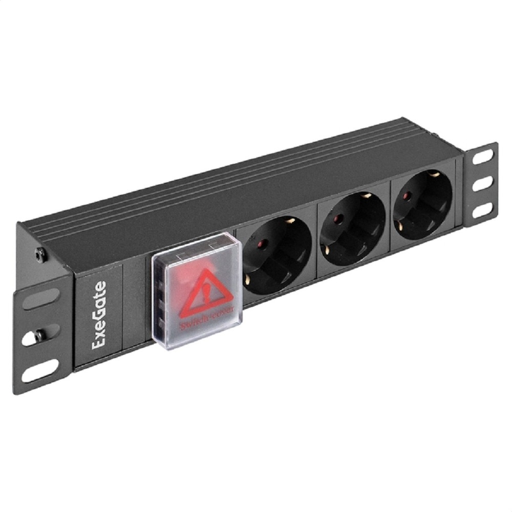 Exegate EX298593RUS Блок розеток 10" с выключателем с подсветкой ExeGate ServerPro PDU-10H305 Al-3S-C14-SW (10", 1U, Алюминий, 3 Schuko, C14, выкл. с подсветкой, (ШхВхГ): 254х45х45 мм, черный, RTL)