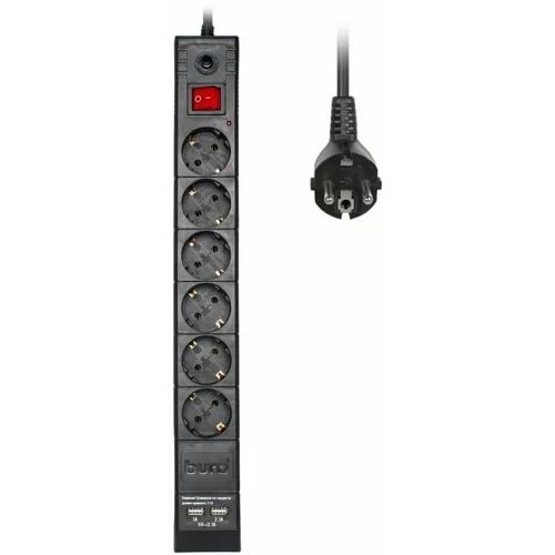 Удлинитель с сетевым фильтром 6х1.8 м с заземл. 10А IP20 BU-SP1.8 USB 2A CCA 3х0.75 2USB черный BURO 992310