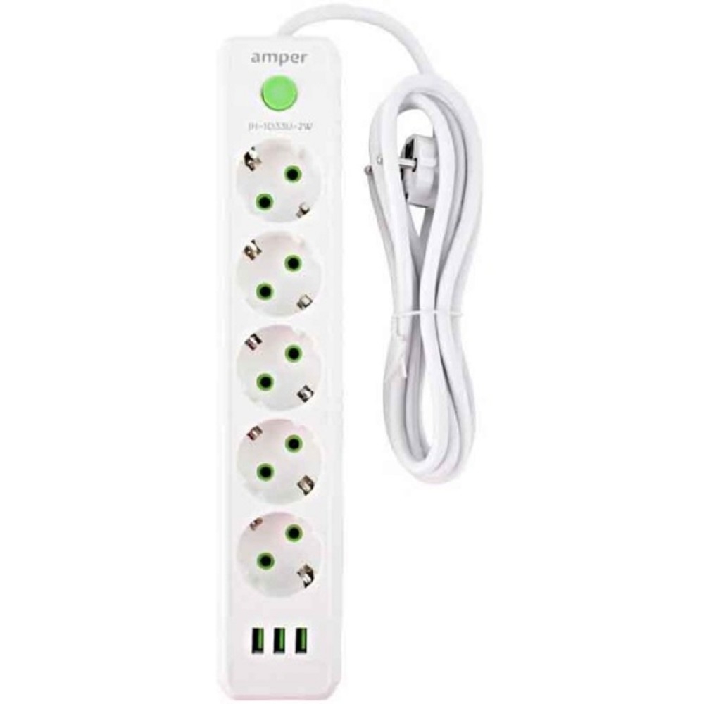 Amper сетевой удлинитель, 2,0м, 5 розеток, 10А, 2500 Вт, 3usb, белый. [JH-1033U-2W]
