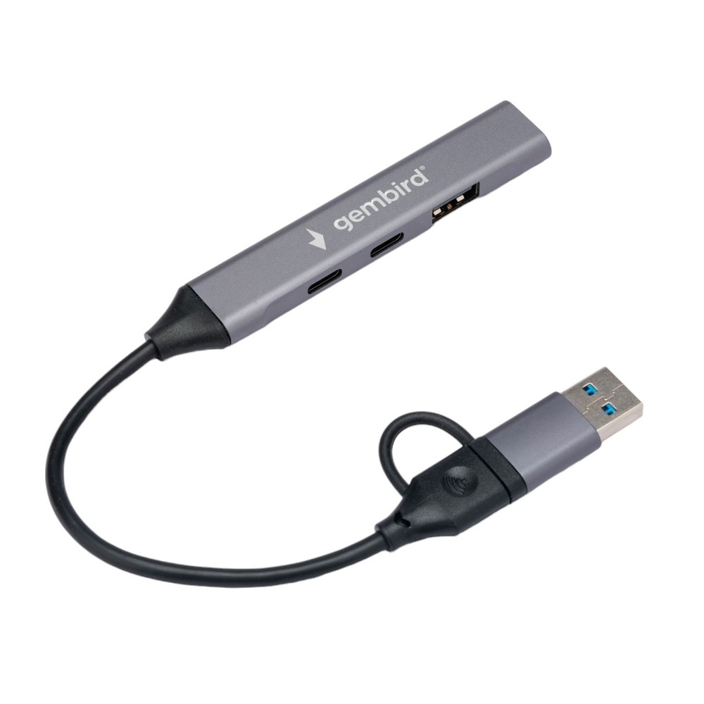 UHB-C444 Разветвитель USB3.0/2.0 Gembird UHB-C444, 4 порта: 2хType-C, USB3.0, USB2.0, OTG, кабель Type-C+USB 15см, алюм