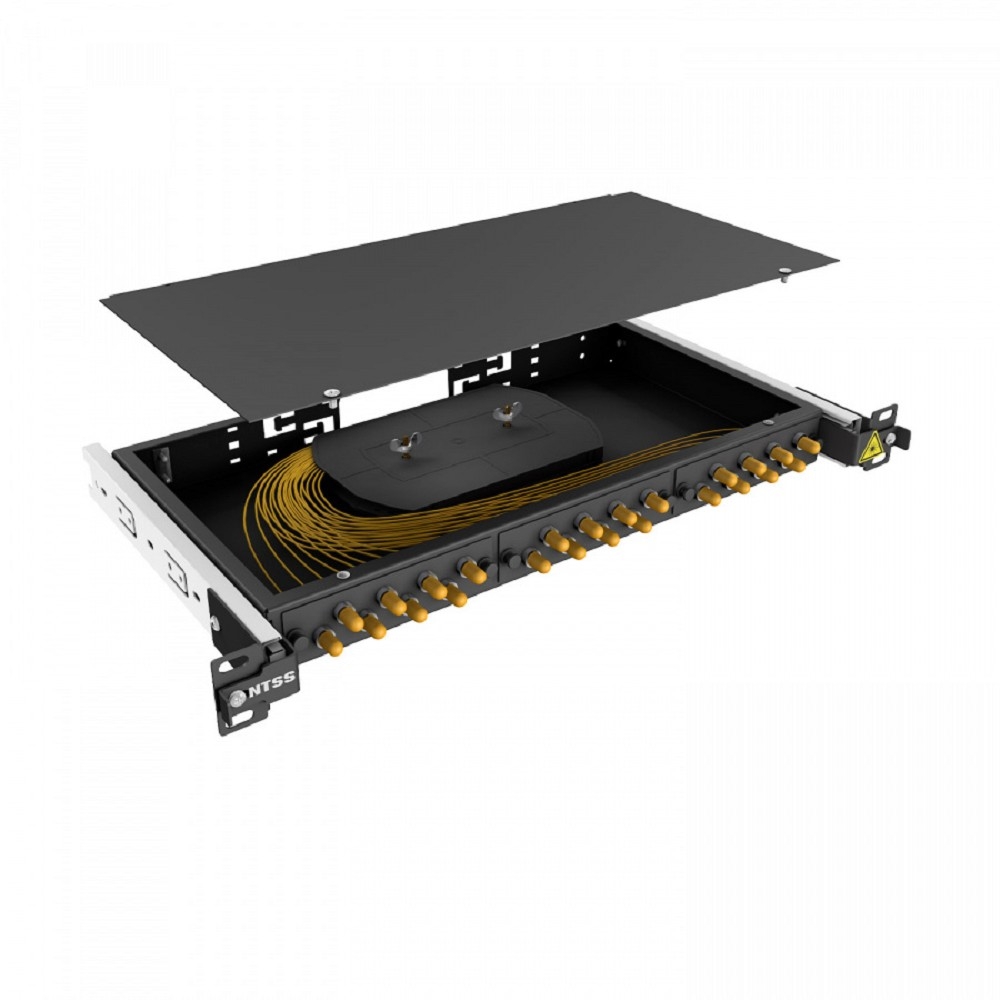 NTSS Кросс 19" NTSS PREMIUM выдвижной, предсобранный 1U, 24 порта ST/UPC, 9/125 мкм, (сплайс, пигтейлы, кдзс, планки, адаптеры), черный, RAL9005 NTSS-RsFOB-PM-1U-24-ST/U-9-SP1.5G2A-BL