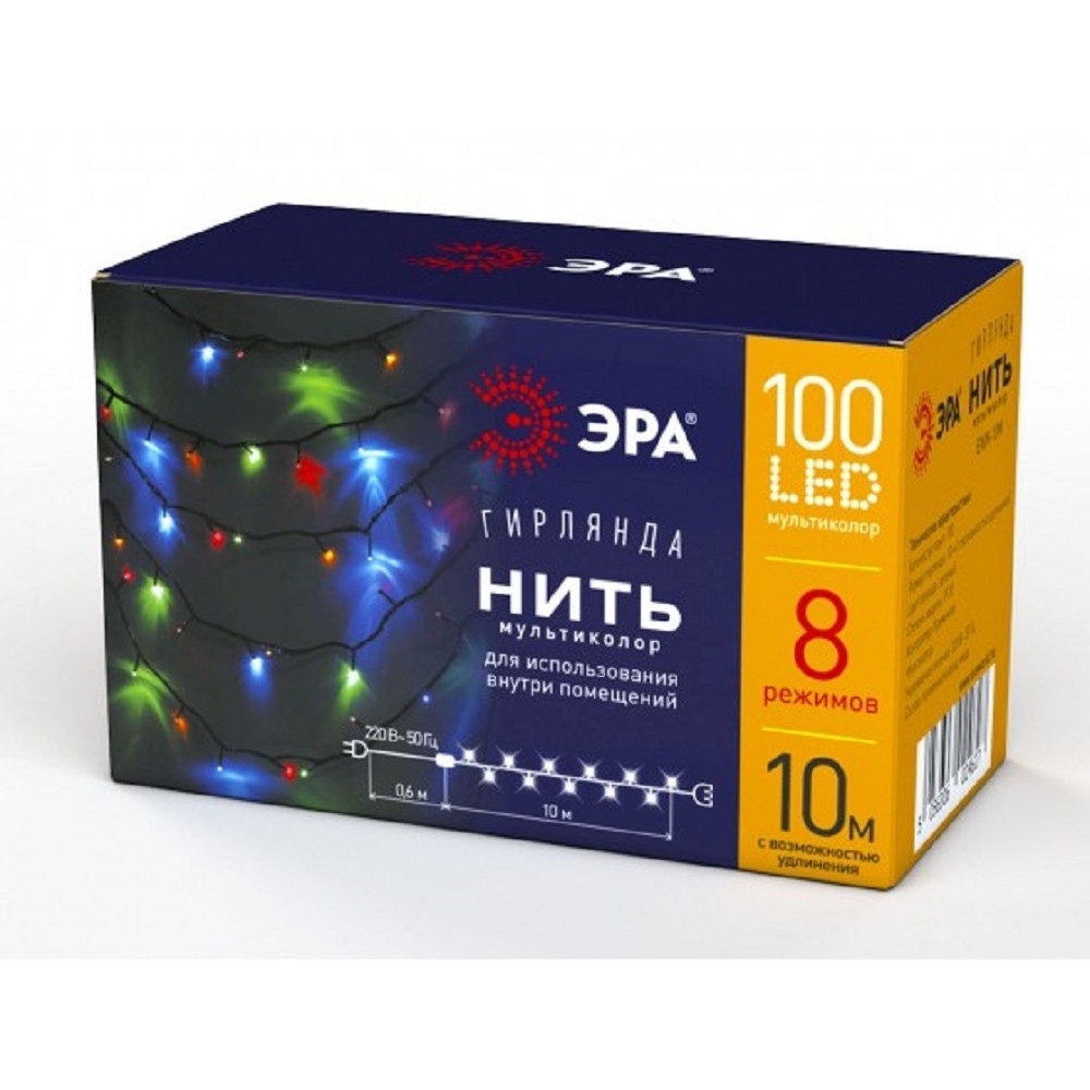 Гирлянда ENIN-10M LED Нить 10 м мультиколор 8 режимов, 220V, IP20 (60/720) | Б0041893 | ЭРА