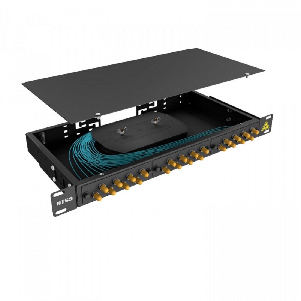 NTSS Кросс 19" NTSS PREMIUM, предсобранный 1U, 24 порта ST/UPC, 50/125 мкм ОМ3, (сплайс, пигтейлы, кдзс, планки, адаптеры), черный, RAL9005 NTSS-RFOB-PM-1U-24-ST/U-503-SP1.5G2A-BL