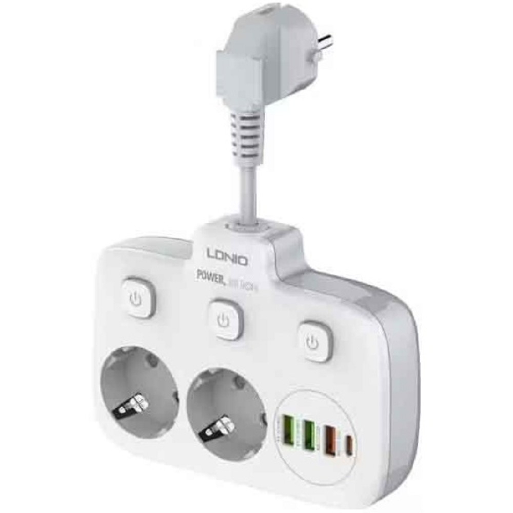 Amper сетевой удлинитель, 0,2м, 2 розетки, 3*0,75мм, 10А, 2500 Вт, 3usb, 1Type-C, 3кн, белый. [[T2435W]