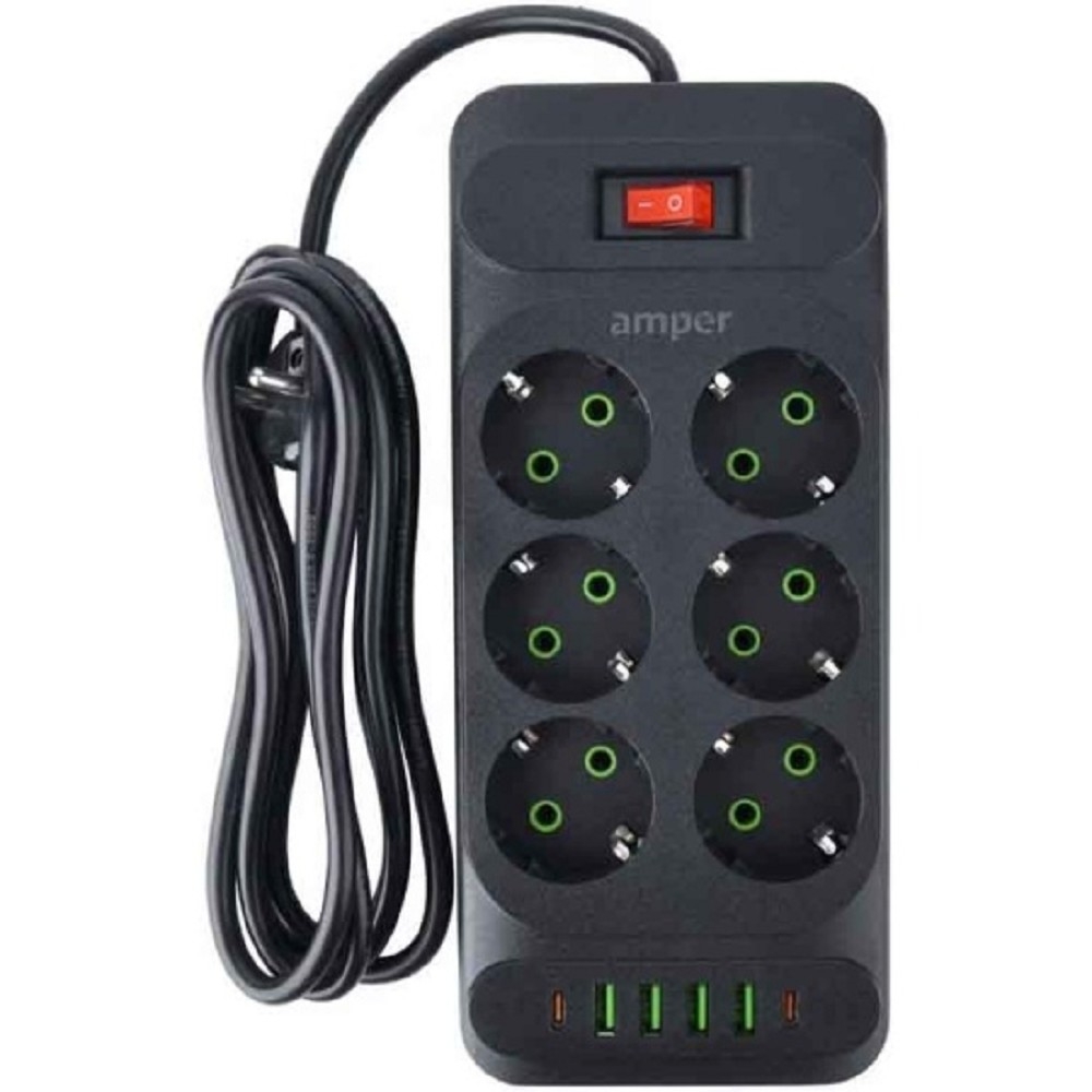 Удлинитель Amper JH-1076U-4B, 4 м, 6 розеток, 4 USB, 2 Type-C