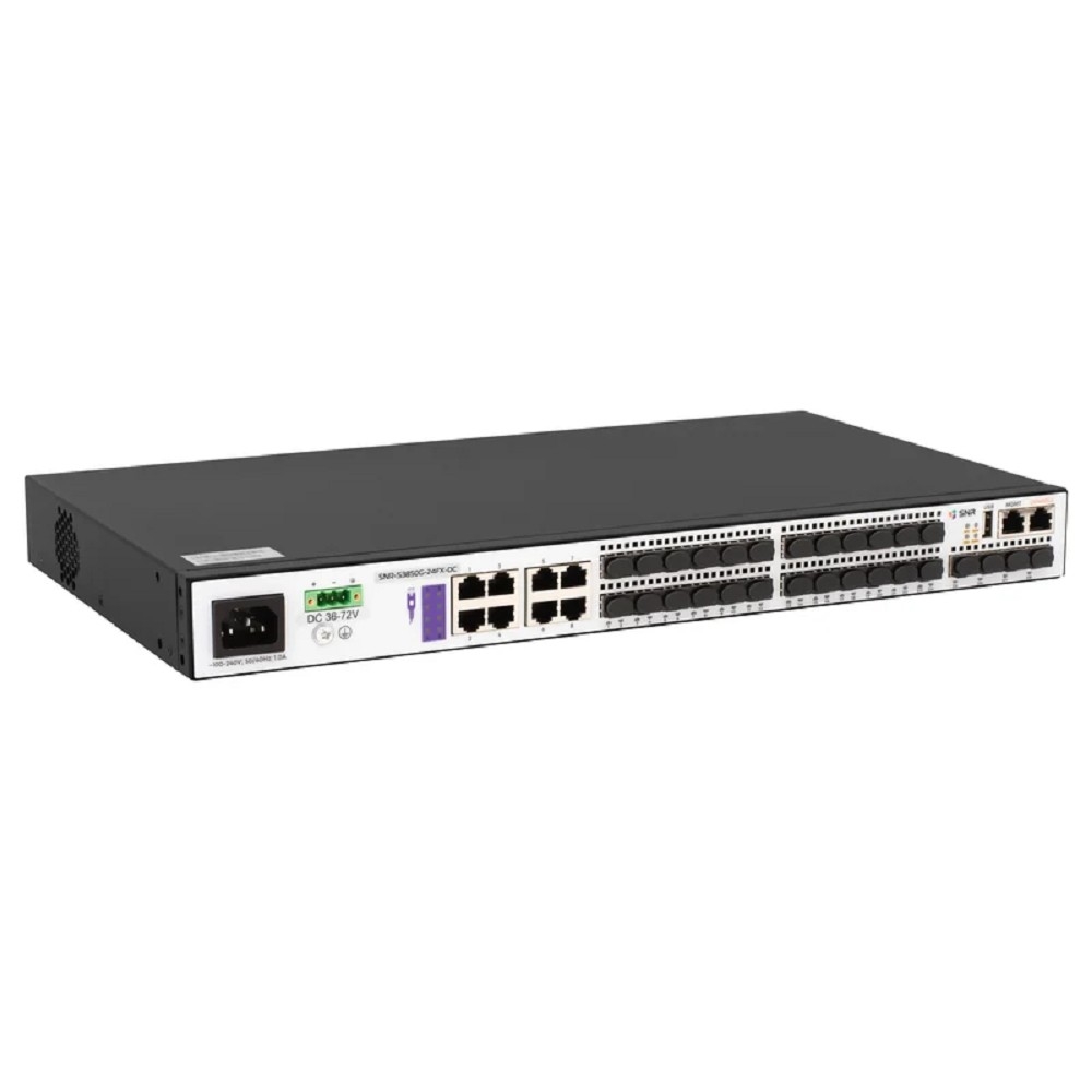 SNR SNR-S3850G-24FX-DC Управляемый коммутатор уровня 3, 16 портов 100/1000Base-X SFP, 8 портов Combo 10/100/1000Base-T|100/1000Base-X SFP, 4 порта 1/10G SFP+, RPS 36-72V DC