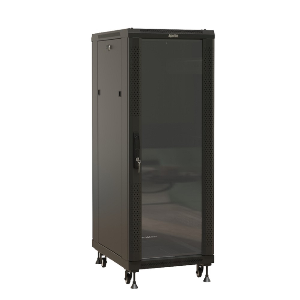 Шкаф коммутационный Hyperline (TTBR-2266-AS-RAL9004) напольный 22U 600x600мм пер.дв.стекл задн.дв.спл.стал.лист 2 бок.пан. 800кг черный 510мм 1166мм IP20 сталь