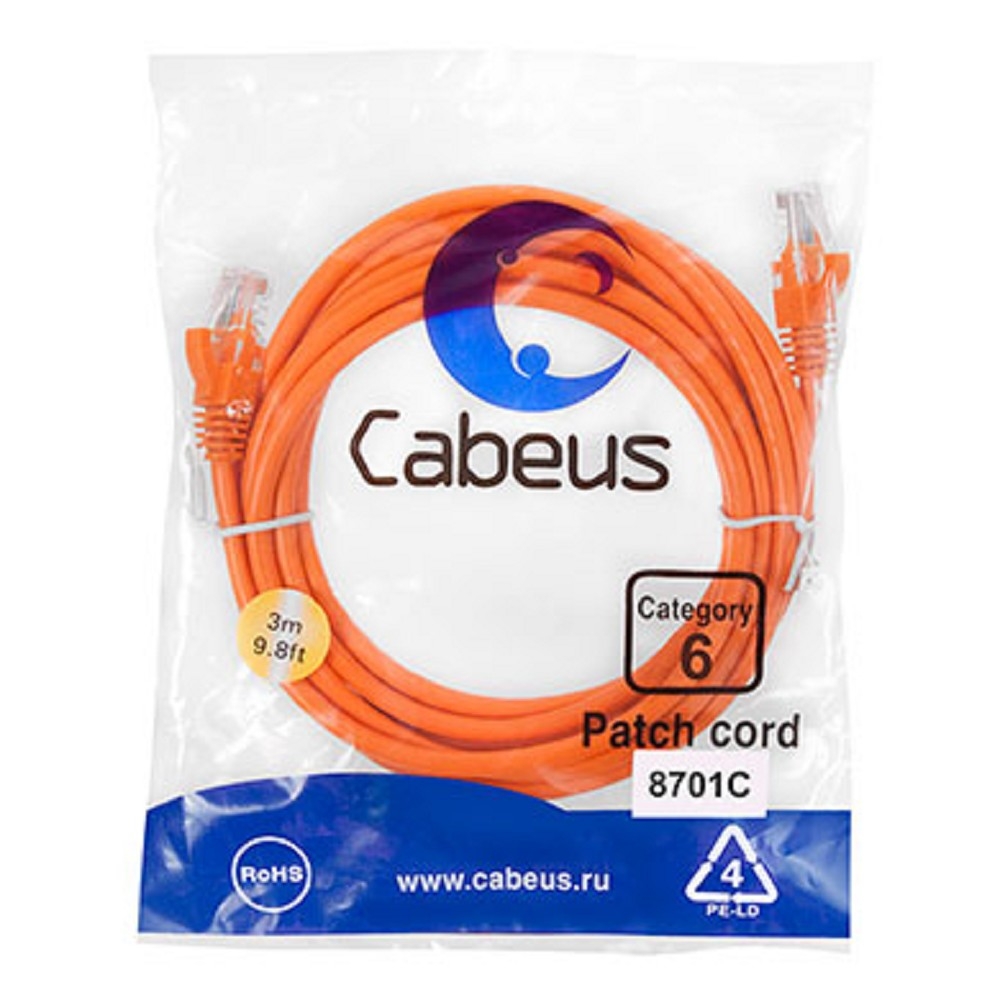 Патч-корд Cabeus, UTP, кат. 6, 2 x RJ-45, RJ-45 - RJ-45, 250 МГц, ПВХ, Оранжевый, 3 м, PC-UTP-RJ45-Cat.6-3m-OR