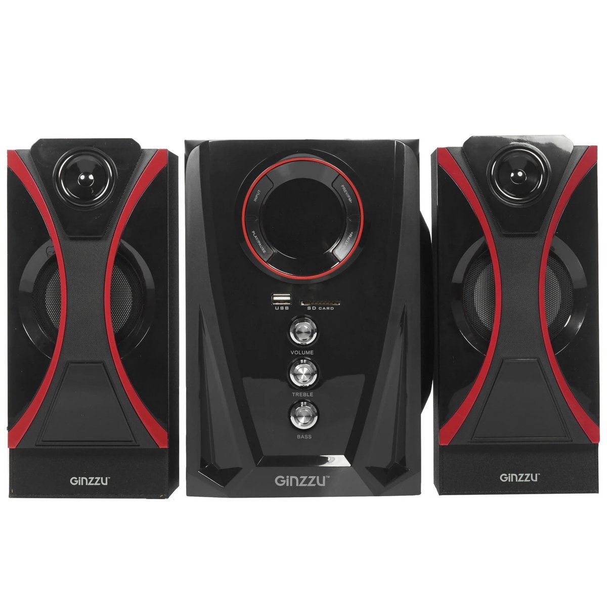 Мультимедийная акустическая система GINZZU GM-407 2.1 с Bluetooth. Выходная мощность (RMS) 40 Вт. Диапазон воспроизводимых частот: 40Гц - 20КГц. Bluetooth: V2.1. Встроенный аудио-плеер: SD-card, USB-flash до 32 Gb. FM радио: 87.5МГц - 108.0МГц. Вход AUX: стерео вход (2RCA). Пульт дистанционного управления - 21 кнопка. Эквалайзер: обычный, джаз, рок, поп, классика.