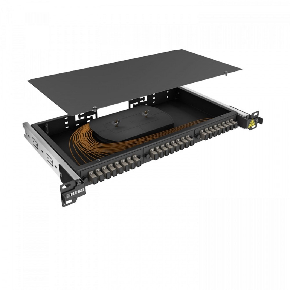 NTSS Кросс 19" NTSS PREMIUM выдвижной, предсобранный 1U, 16 портов SC/UPC, 50/125 мкм, (сплайс, пигтейлы, кдзс, планки, адаптеры), черный, RAL9005 NTSS-RsFOB-PM-1U-16-SC/U-50-SP1.5G1A-BL