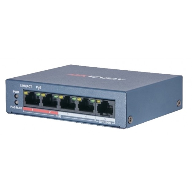 Коммутатор Hikvision DS-3E0105P-E/M(B) 4 RJ45 100M PoE с грозозащитой 6кВ; 1 Uplink порт 100М Ethernet: бюджет PoE 35Вт; поддерживают режим передачи до 250м; таблица MAC адресов на 1000 записей;