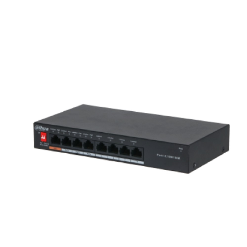 DAHUA DH-PFS3008-8ET-60 8-портовый неуправляемый коммутатор с РоЕ, 4xRJ45 100Mb PoE, 4xRJ45 100Mb, суммарно 60Вт, коммутация 1.8 Гбит/с, MAC-таблица 2К, металл
