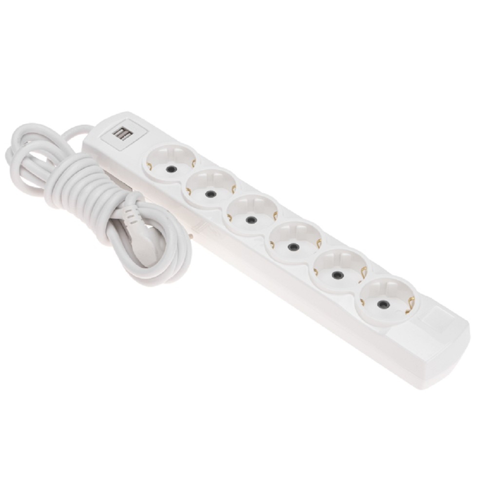 Rexant (13-4122) Удлинитель PREMIUM 6 гнезд, 3м, 3х1,5мм?, с/з, 2 USB, белый