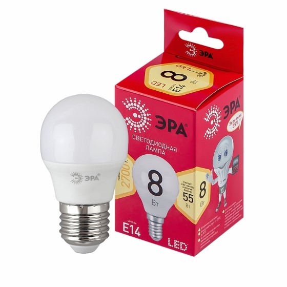 ЭРА Б0050697 Лампочка светодиодная RED LINE LED P45-8W-827-E14 R Е14 / E14 8 Вт шар теплый белый свет