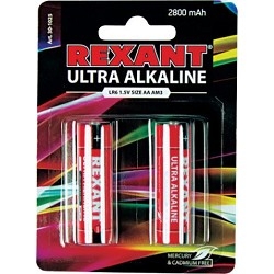 Rexant (30-1025) Батарейка алкалиновая ультра AA/LR6, 1,5В, 2 шт, блистер