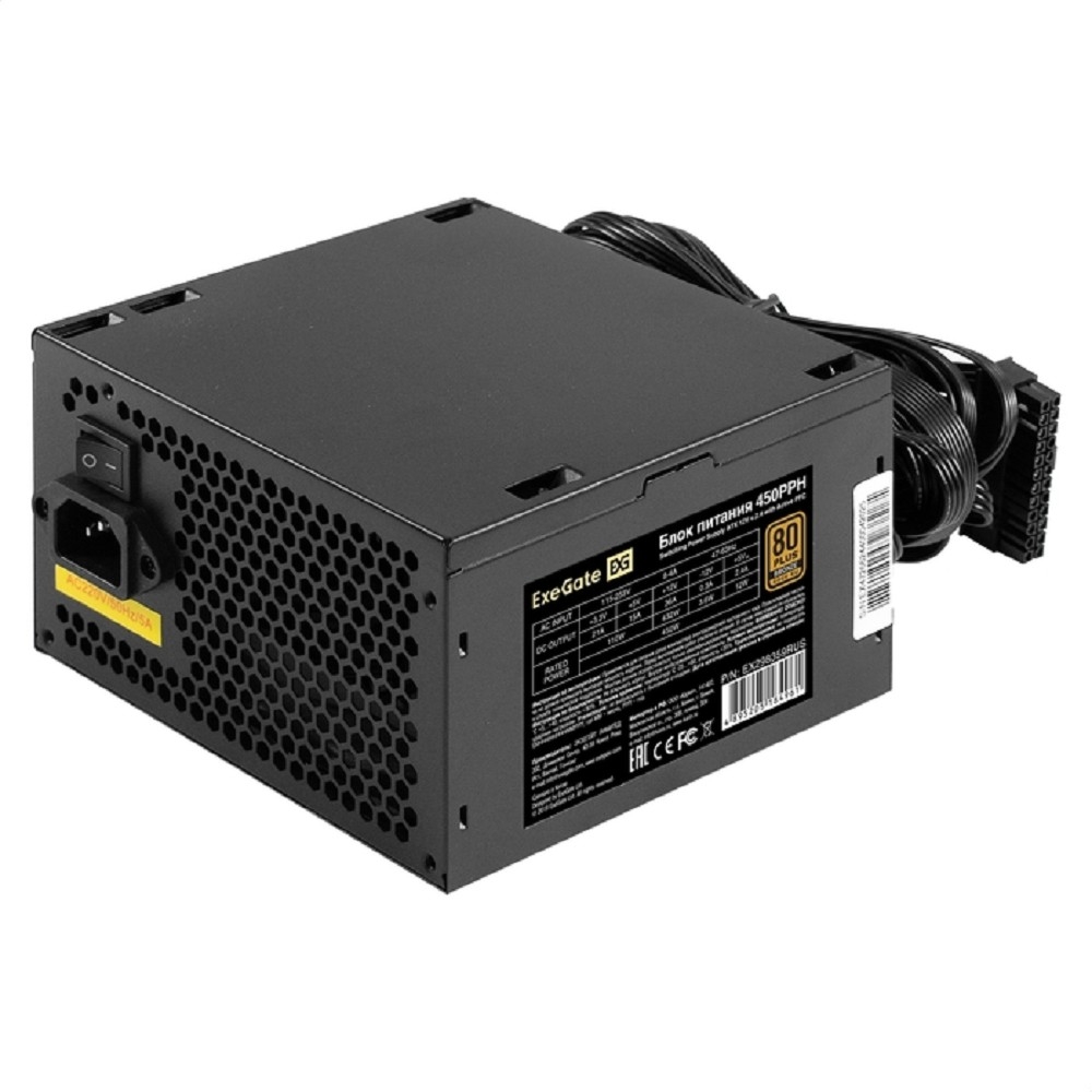 Exegate EX298359RUS Блок питания 450W ExeGate 80 PLUS® Bronze 450PPH (ATX, APFC, КПД 88% (80 PLUS Bronze), 12cm fan, 24pin, (4+4)pin, 2xPCI-E, 3xSATA, 3xIDE, black, Color Box)