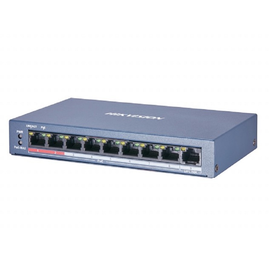DS-3E0109P-E/M(B) - Коммутатор, Hikvision, DS-3E0109P-E/M(B), Неуправляемый, 8 x 10/100 Mbps, РоЕ 802.3af/at 60W, 1 x 10/100 Mbps RJ45, Настольный, Long Range Ports 1 to 8: up to 300 m.