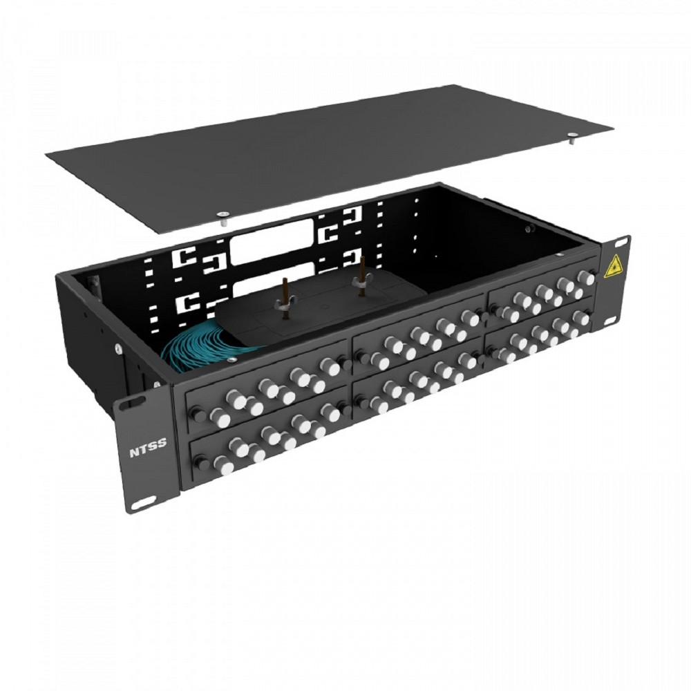 NTSS Кросс 19" NTSS PREMIUM, предсобранный 2U, 48 портов FC/UPC, 50/125 мкм ОМ3, (розетки, сплайс 2шт, КДЗС, пигтейлы), черный, RAL9005 NTSS-RFOB-PM-2U-48-FC/U-503-SP1.5G2A-BL