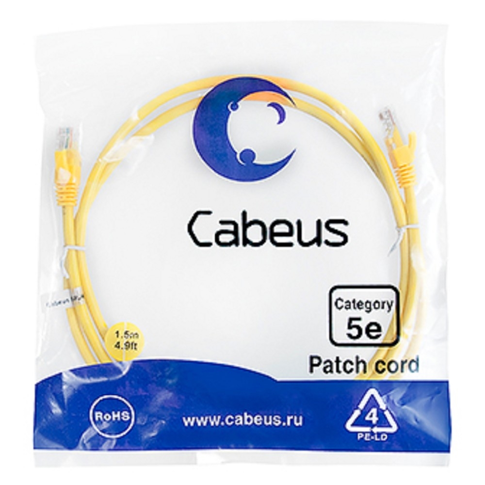 Патч-корд Cabeus, UTP, кат. 5e, 2 x RJ-45, RJ-45 - RJ-45, 100 МГц, LSZH, жёлтый, 1,5 м, PC-UTP-RJ45-Cat.5e-1.5m-YL-LSZH