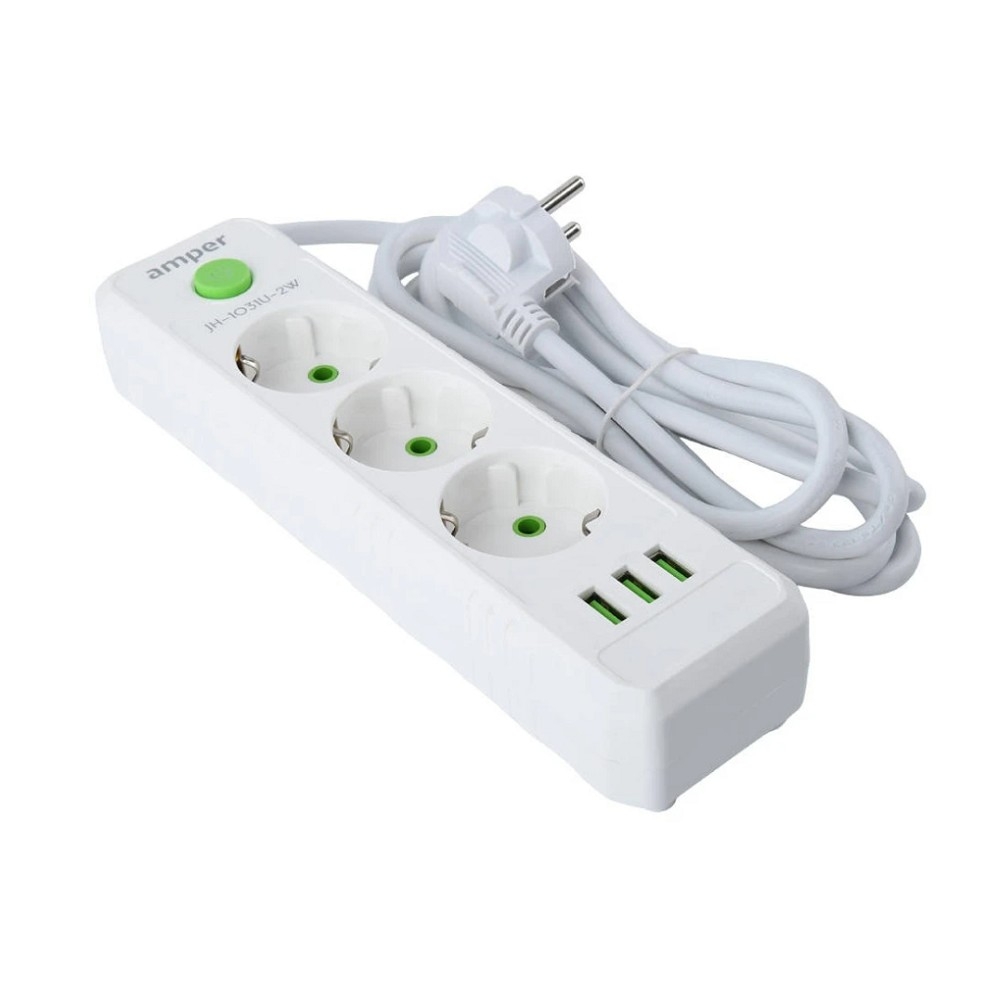 Amper сетевой удлинитель, 4,0м, 3 розетки, 10А, 2500 Вт, 3usb, белый. [JH-1031U-4W]