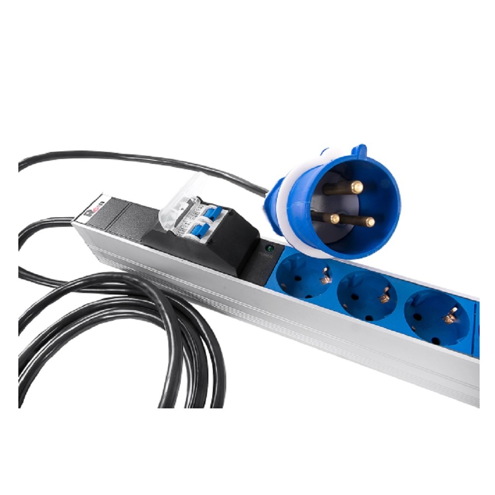 Блок розеток ЦМО - Rem-32, 32A, in (230V IEC 309 32A), out (230V 20xSchuko), 3 м, Вертикальный, автомат, индикатор, Zero U, цвет серебристый, R-32-20S-A-I-1420-3-2P