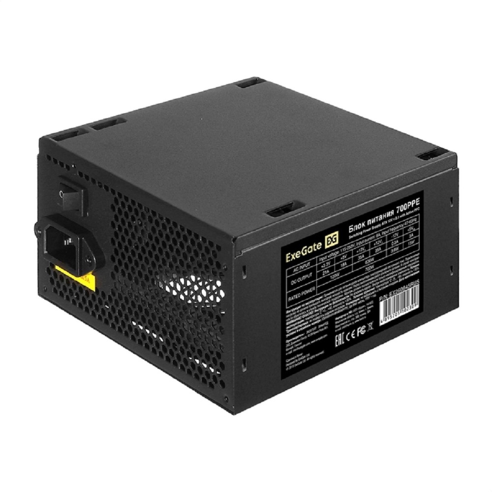 Exegate EX260645RUS-PC Блок питания 700W ExeGate 700PPE (ATX, APFC, PC, КПД 80% (80 PLUS), 12cm fan, 24pin, 2x(4+4)pin, PCIe, 6xSATA, 3xIDE, black, кабель 220V в комплекте)