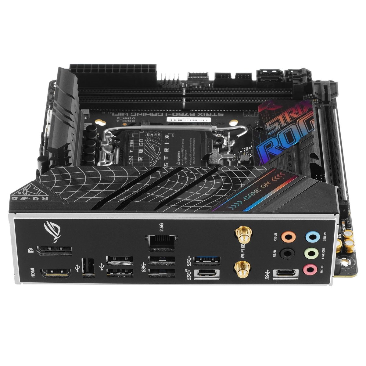 ASUS ROG STRIX B760-I GAMING WIFI  (Socket 1700, mini ITX, 2xDDR5(96GB), DP/HDMI, 1xPCIe 5.0x16, 1xLAN (2.5GbE), Wi-Fi, 4xSATA 6Gb/s, 2xM.2, 2xType-C, 3xUSB 3.2, 3xUSB 2.0)