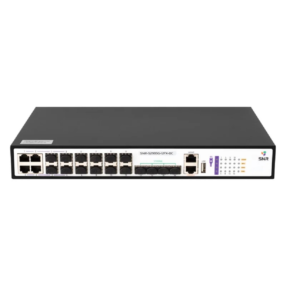 SNR SNR-S2995G-12FX-DC Управляемый коммутатор уровня 3, 8 портов 100/1000Base-X SFP, 4 порта Combo 10/100/1000Base-T|100/1000Base-X SFP, 4 порта 1/10G SFP+, встроенный БП ~220V AC, RPS 36-72V DC