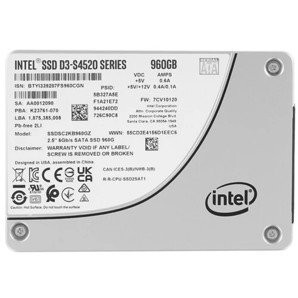 Intel SSD D3-S4520 Series, 960GB, 2.5" 7mm, SATA3, TLC, SSDSC2KB960GZ01(1Z)