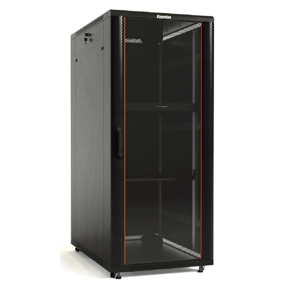 Hyperline TTB-4268-AS-RAL9004 Шкаф напольный 19-дюймовый, 42U, 2055x 600х 800 мм (ВхШхГ), передняя стеклянная дверь со стальными перфорированными боковинами, задняя дверь сплошная, ручка с замком
