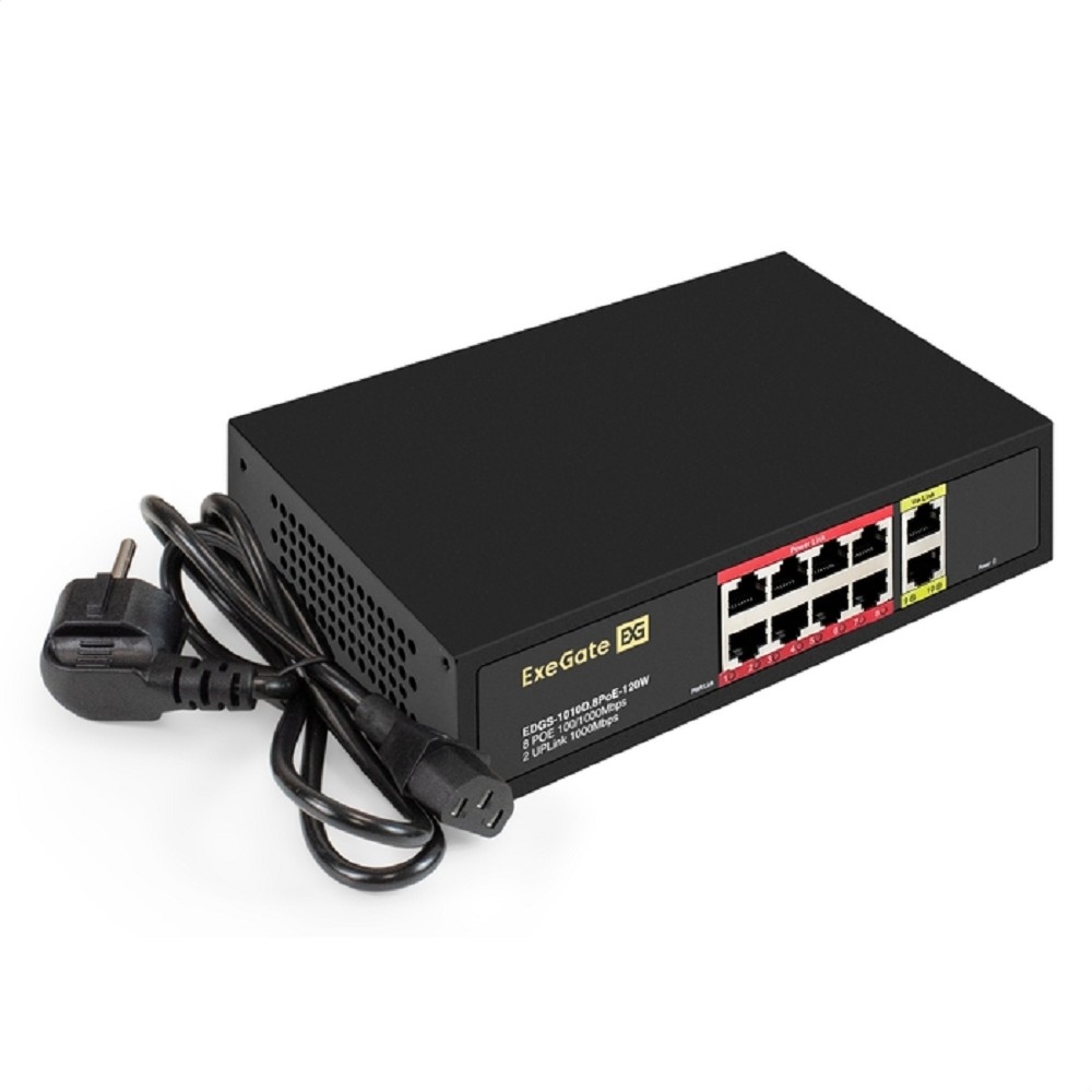 Exegate EX299023RUS Коммутатор неуправляемый ExeGate EDGS-1010D.8PoE-120W (10-портовый гигабитный UTP 10/100/1000 Base-T: 8 портов IEEE 802.3af (PoE), мощность PoE: 15,4W, суммарно 120W, 2 порта RJ45 