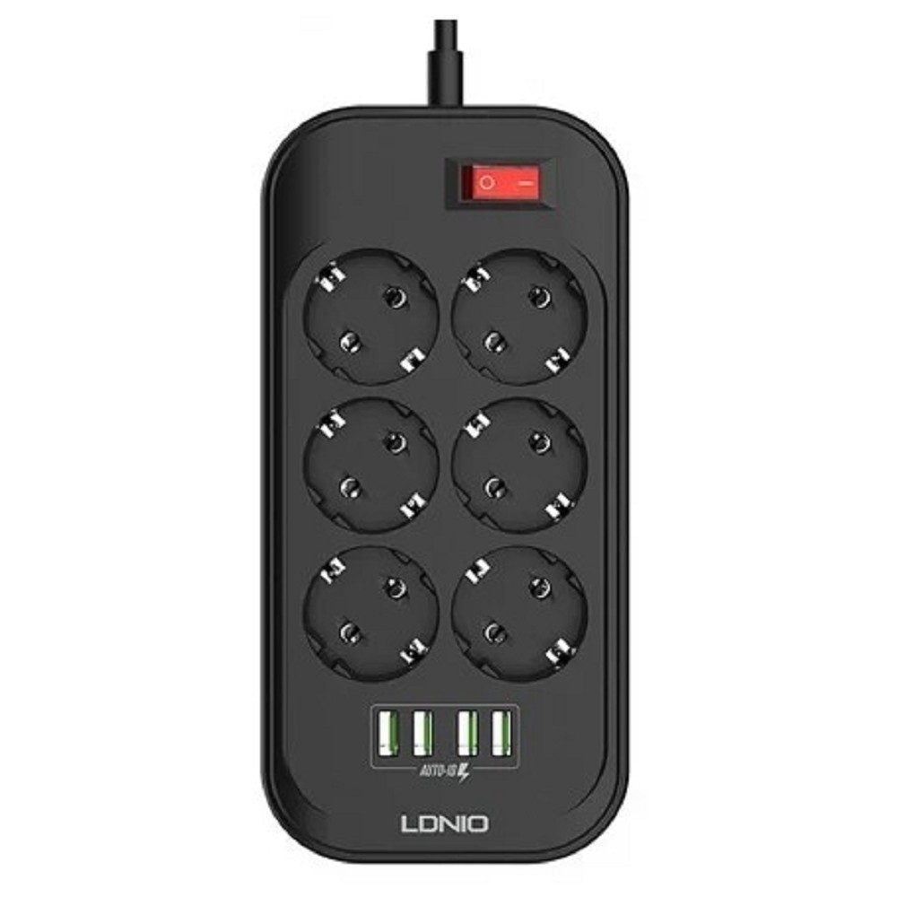 Perfeo LD_B4436  LDNIO SE6403/ Сетевой удлинитель 2м + ЗУ на 4 USB/ 6 розеток (медь) - 2500W/ USB - 17W/ Black&Gray