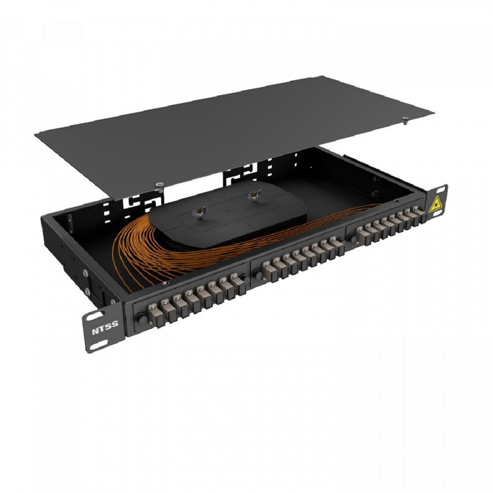 NTSS Кросс 19" NTSS PREMIUM, предсобранный 1U, 4 порта SC/UPC, 62.5/125 мкм, (сплайс, пигтейлы, кдзс, планки, адаптеры), черный, RAL9005 NTSS-RFOB-PM-1U-4-SC/U-62.5-SP1.5G1A-BL