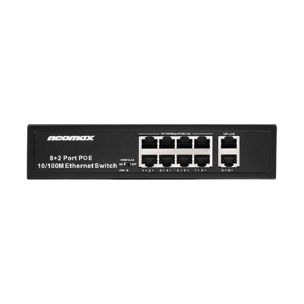 NEOMAX неуправляемый коммутатор NMS-110PoE-100-S, 10 портов 100 Mbps, 8xPoE+,  220W,  металл