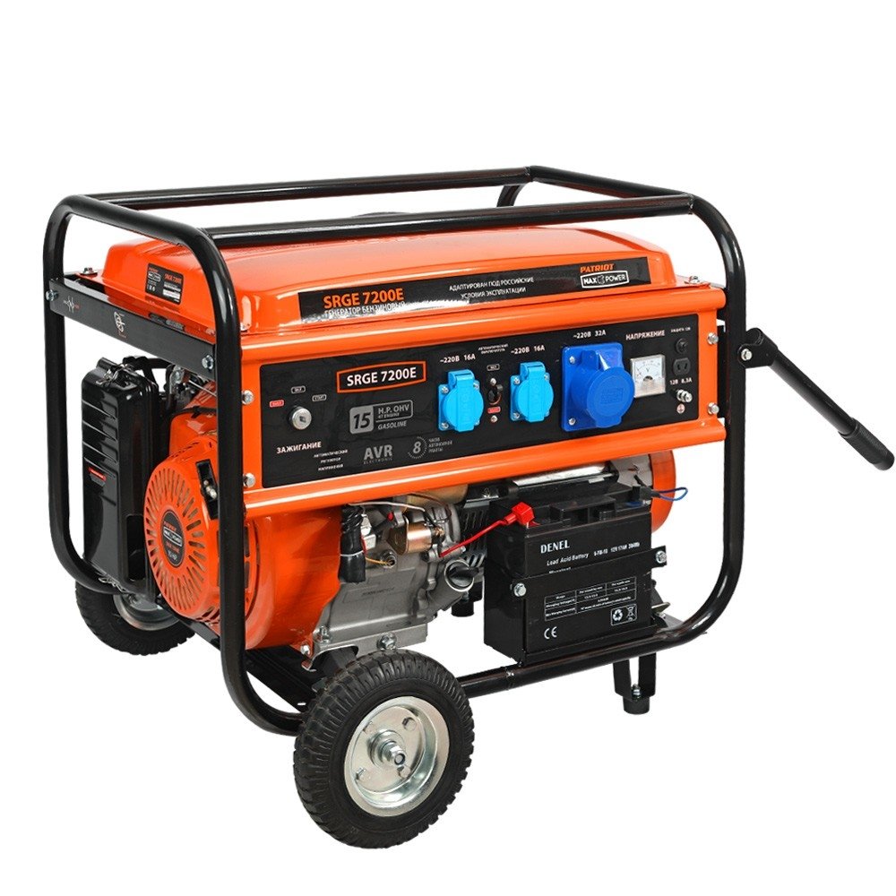 Генератор бензиновый PATRIOT Max Power SRGE 7200E [474103188] {Двигатель: 4т, OHV, АИ-92, 420 сс, 14 л.с; Мощность ном/макс: 6.0/6.5 кВт; Объём бака: 25 л; Розетки: 2 евро 16А,1 евро 32А; Вес: 86 кг;}