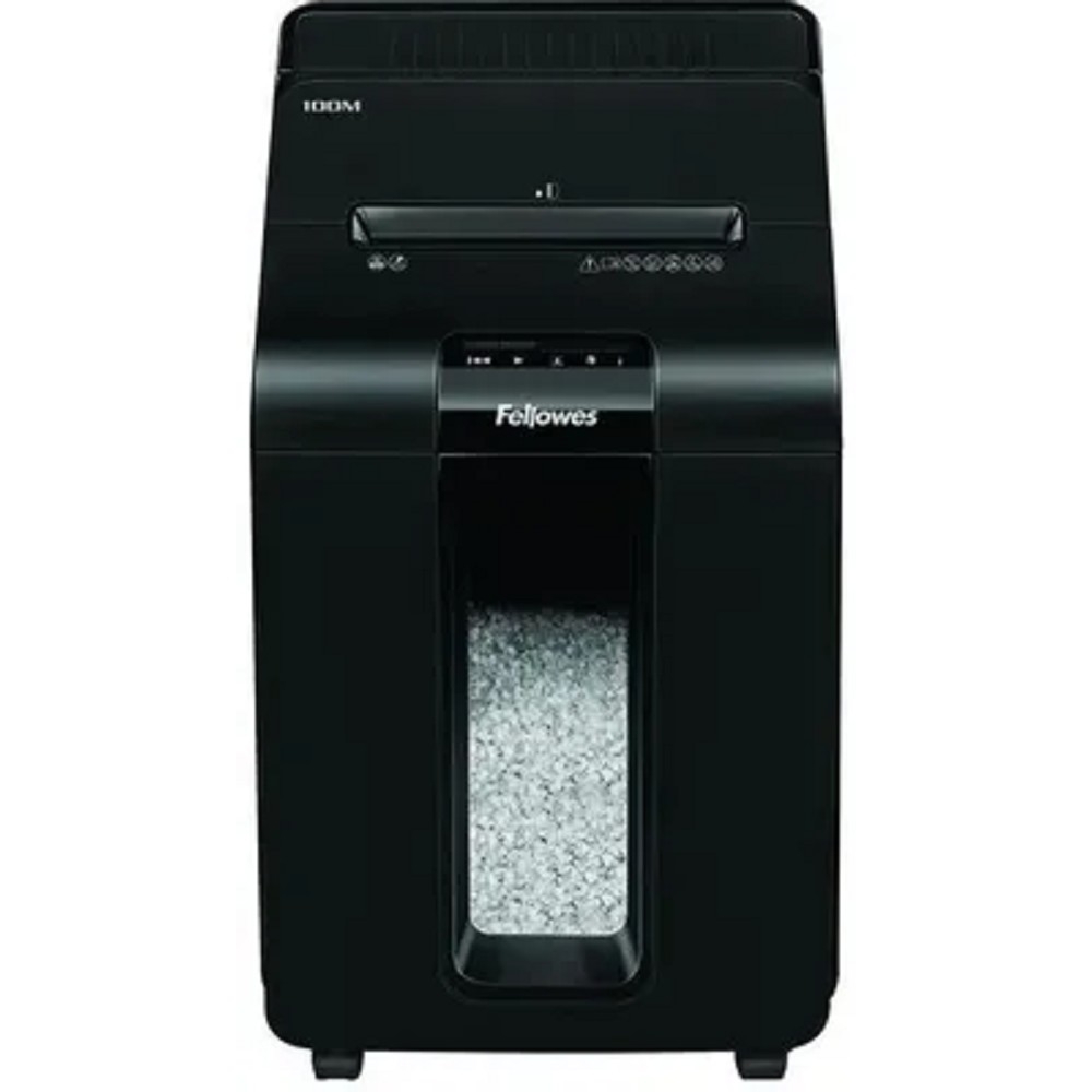 Fellowes Шредер AutoMax 100M FS-4629201 {(секр.P-4)/минирезка/100лист./23лтр./Уничт:скрепки, скобы, пл.карты,автореверс}