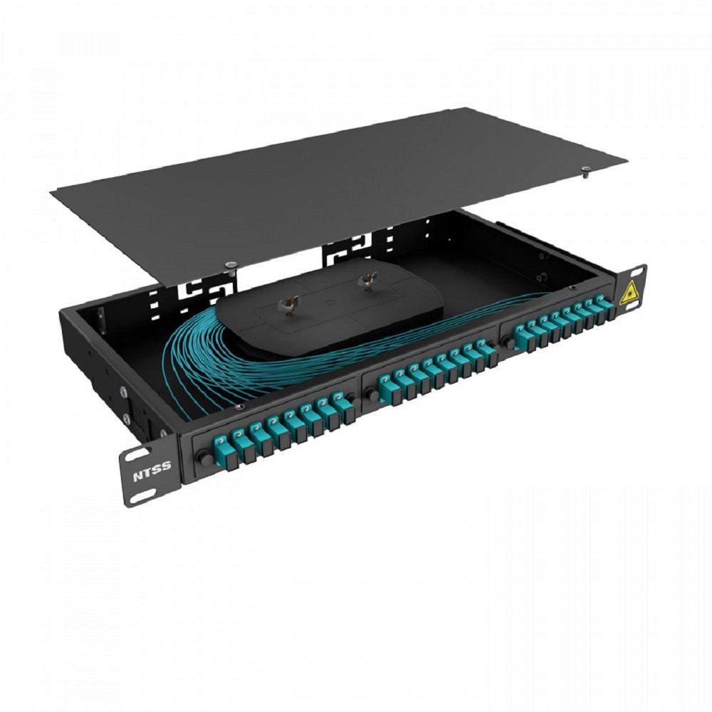 NTSS Кросс 19" NTSS PREMIUM, предсобранный 1U, 8 портов SC/UPC, 50/125 мкм ОМ3, (сплайс, пигтейлы, кдзс, планки, адаптеры), черный, RAL9005 NTSS-RFOB-PM-1U-8-SC/U-503-SP1.5G1A-BL