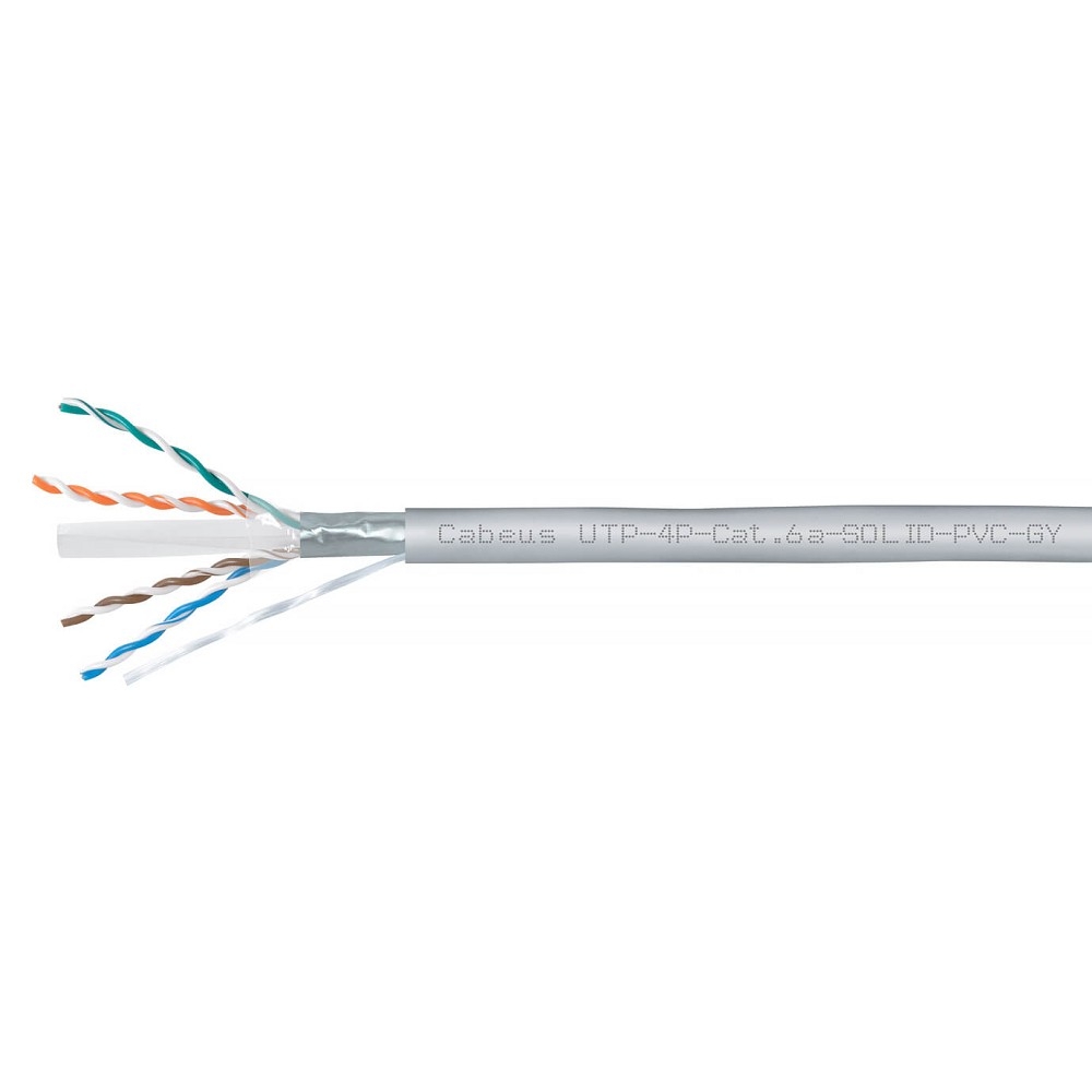 Cabeus UTP-4P-Cat.6a-SOLID-PVC-GY Кабель витая пара UTP (U/UTP), категория 6A, 4 пары (23 AWG), одножильный, PVC нг(А)-LS, серый (305 м) 305м