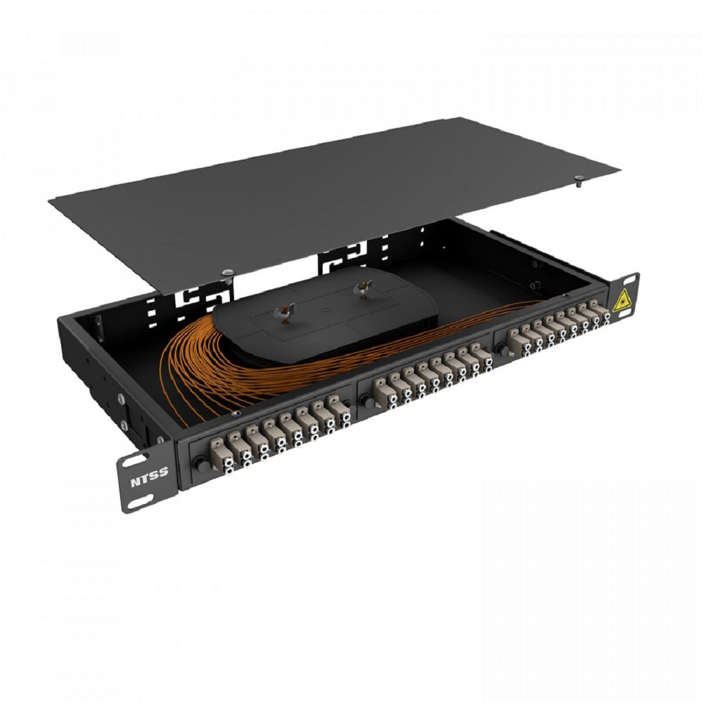 NTSS Кросс 19" NTSS PREMIUM, предсобранный 1U, 2 порта LC/UPC duplex, 50/125 мкм, (сплайс, пигтейлы, кдзс, планки, адаптеры), черный, RAL9005 NTSS-RFOB-PM-1U-2-2LC/U-50-SP1.5G1A-BL