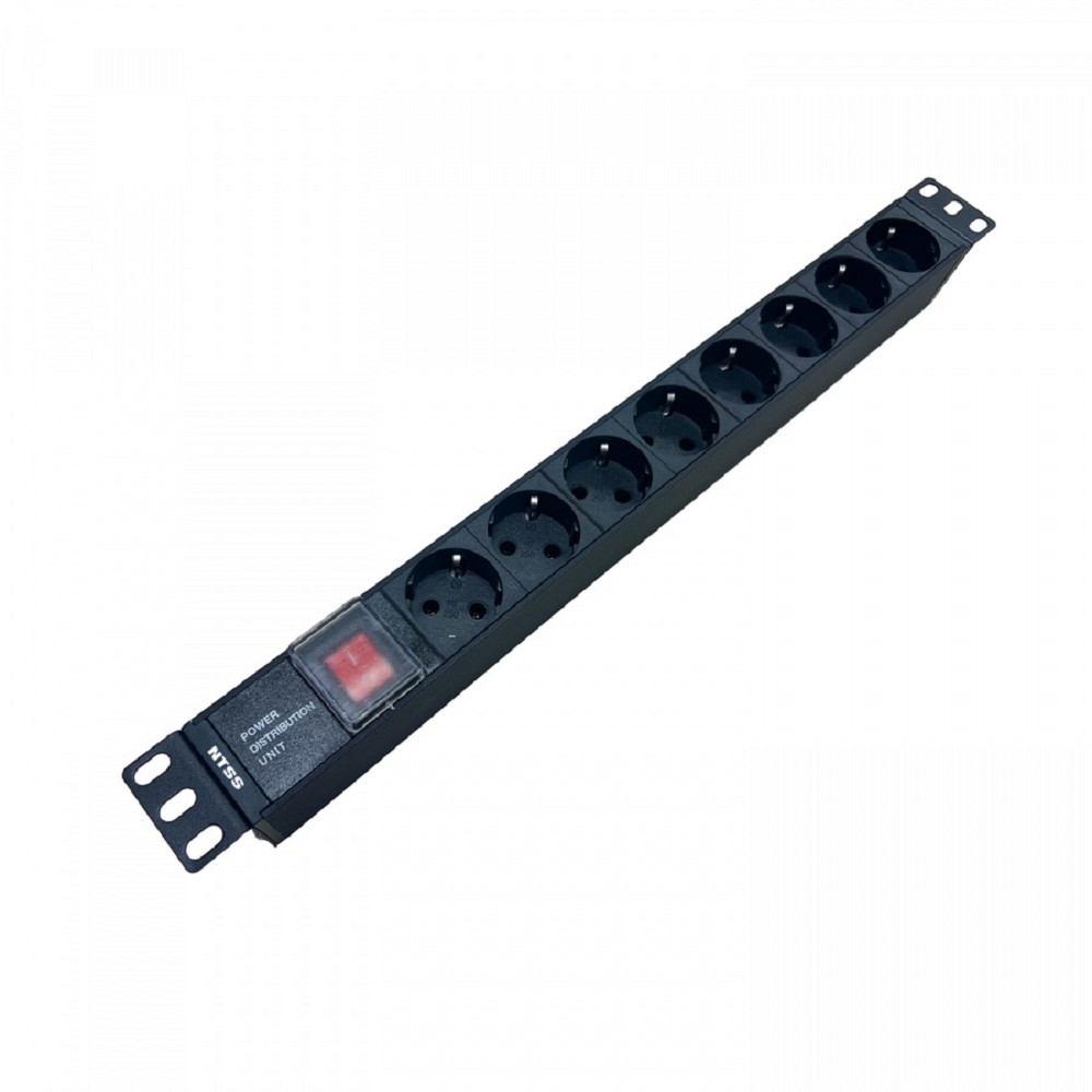 NTSS Блок розеток NTSS, 19", 1U, пластик, 1ф10А, 2.3кВт, (8) Schuko CEE 7/7, выкл. с подсв.и  крыш., вх. 60320 С14 NTSS-PDU-DA1015