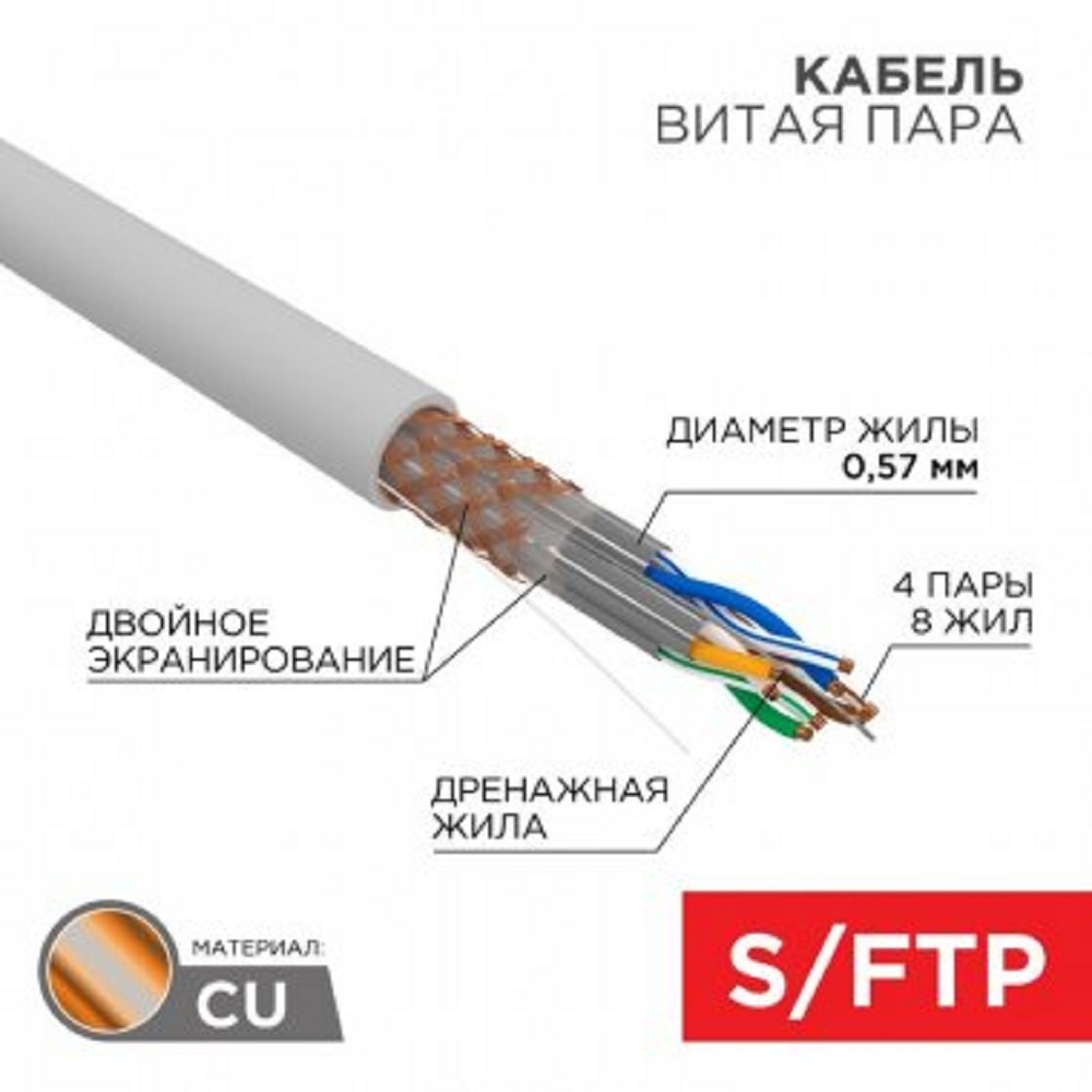 02-0325 Кабель витая пара S/FTP, CAT 6A, ZH нг(А)-HF, 4х2х0,575 мм, 23AWG, INDOOR, SOLID, серый, 305м,  серия PRO REXANT