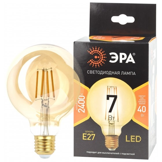 ЭРА Б0047662 Лампочка светодиодная F-LED G95-7W-824-E27 gold E27 / Е27 7Вт филамент шар золотистый теплый белый свет