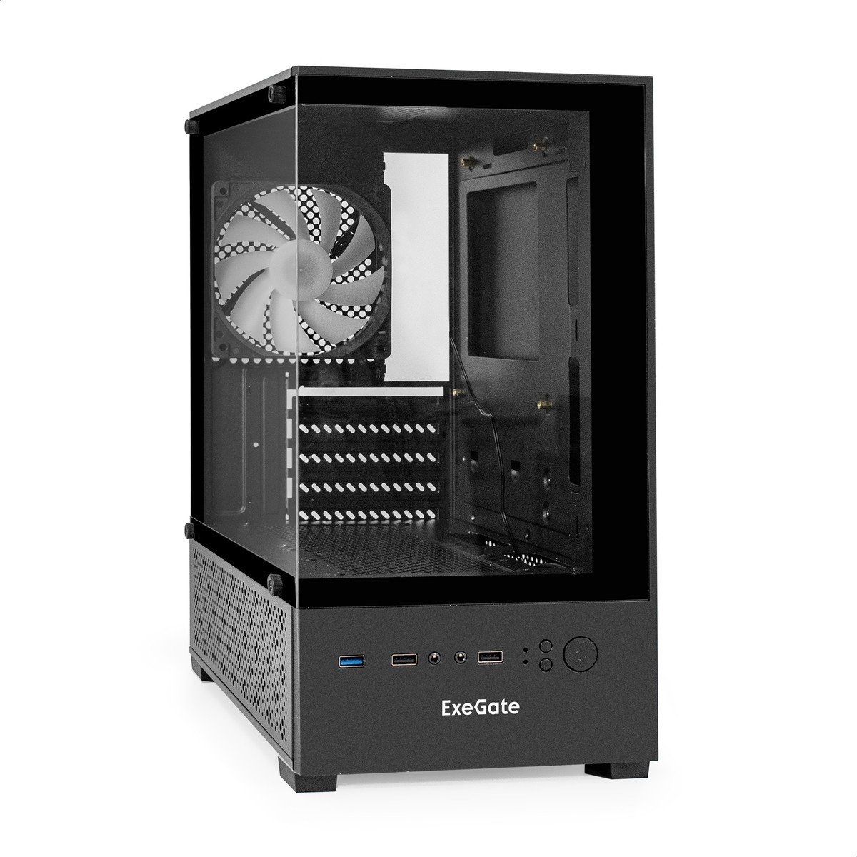 Exegate EX298750RUS Корпус Minitower ExeGate i3 SEA-NPX450 (mATX, БП 450NPX, 2*USB+1*USB3.0, HD аудио, черный, 1 вент. 12см с RGB подсветкой, передняя и боковая панели - закаленное стекло)